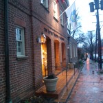Outside the theatre on a rainy evening in Spring
