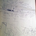 A sketch just past the Chart House Restaurant, on the waterfront with National Harbor in the distance