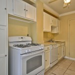 The kitchen has a stove and a dishwasher