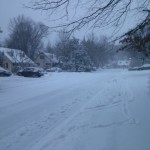 Belle Haven in the distance of Bucknell Manor in a blizzard