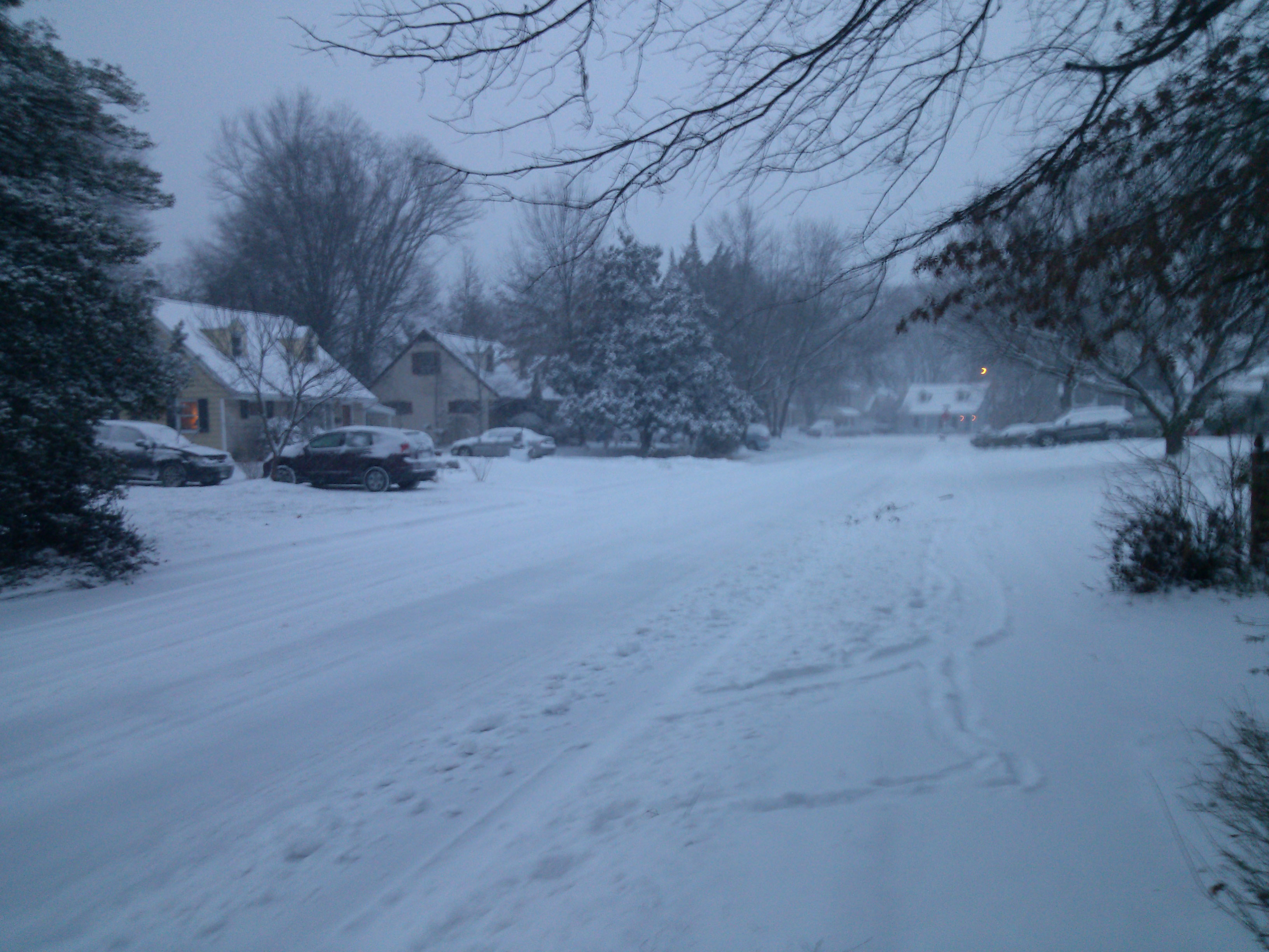 Belle Haven in the distance of Bucknell Manor in a blizzard